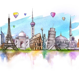 World Landmarks JPG, World Famous Landmarks Clipart, Wonders of the World, World Monuments Skyline, Architecture Marvels, Printable Download