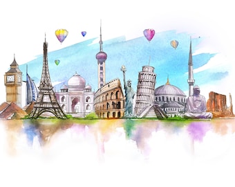 Ilustración de acuarela de monumentos mundiales: Arte de monumentos famosos (descarga digital)