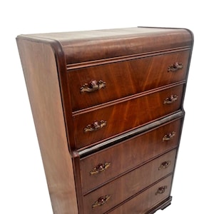 French Art Deco Dresser Five Drawers Bakelite Brass Pulls Satin Waterfall Top