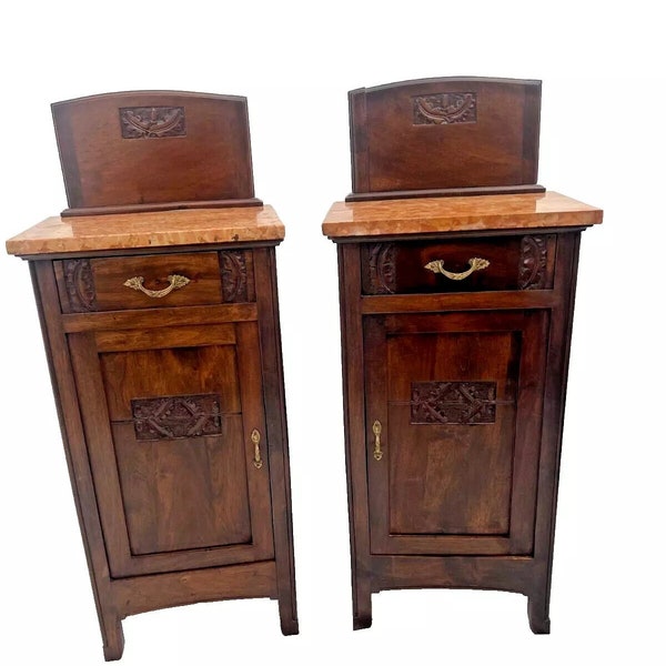 Antique Pair of Nightstand Tables, Cabinet, Drawer, Pink Granite Tops, Carved