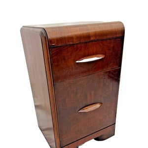 Gorgeous Art Deco Nightstand Cabinet Dovetail Drawer Walnut Pulls Waterfall Top