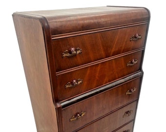 French Art Deco Dresser Five Drawers Bakelite Brass Pulls Satin Waterfall Top