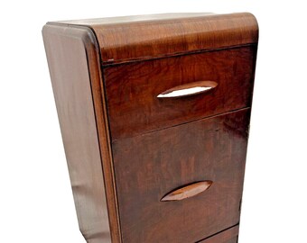 Gorgeous Art Deco Nightstand Cabinet Dovetail Drawer Walnut Pulls Waterfall Top