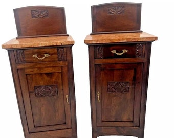 Antique Pair of Nightstand Tables, Cabinet, Drawer, Pink Granite Tops, Carved