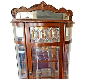 Vintage China cabinet Curio Display Lighted Curved Glass Mirror Locking door