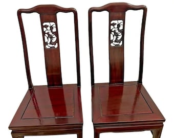 Vintage Side Chairs Asian Theme Dragon carved Back Solid Mahogany Set of Two