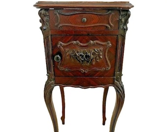 Antique French Nightstand Table Marble Top and Interior Cabinet Hand carved drawer