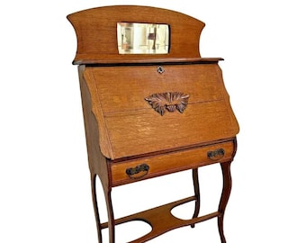 Antique Secretary Desk, Mirror Quarter sawed Oak Locking Door, Key, Bottom Shelf