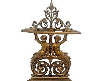 Cast Iron Umbrella Stand Twin Cherub Cane Holder with drip pan Stamped R 34