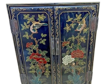 Vintage Chinese Console Cabinet Double doors interior shelf Hand Painted Black