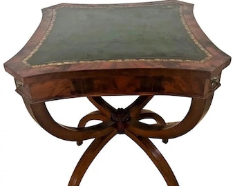 Milano Furniture Art Deco Italian Style side Table Green Embossed Leather Mahogany