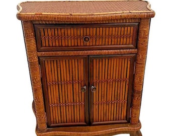 Vintage Wicker Vanity Cabinet Wood Legs with Top Drawer and Double doors