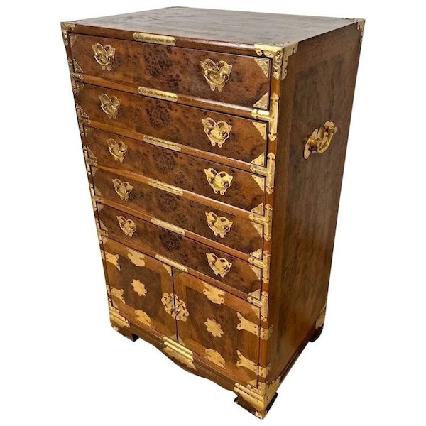 Vintage Korean Elm Burl Brass Bound Bandaji Scholars Chest Wedding Cabinet Felt Lined drawers