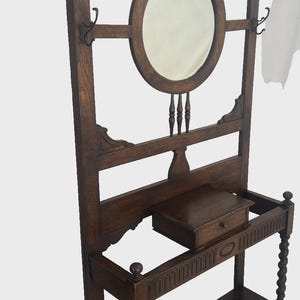 Antique Arts and Crafts Hall Tree Umbrella Stand Barley Twist Legs Round Mirror