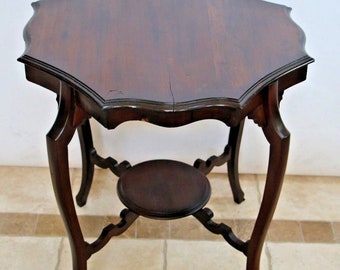 Antique Mahogany Scallop top wood Table with bottom shelf Nationwide shipping avalable please call for best rates