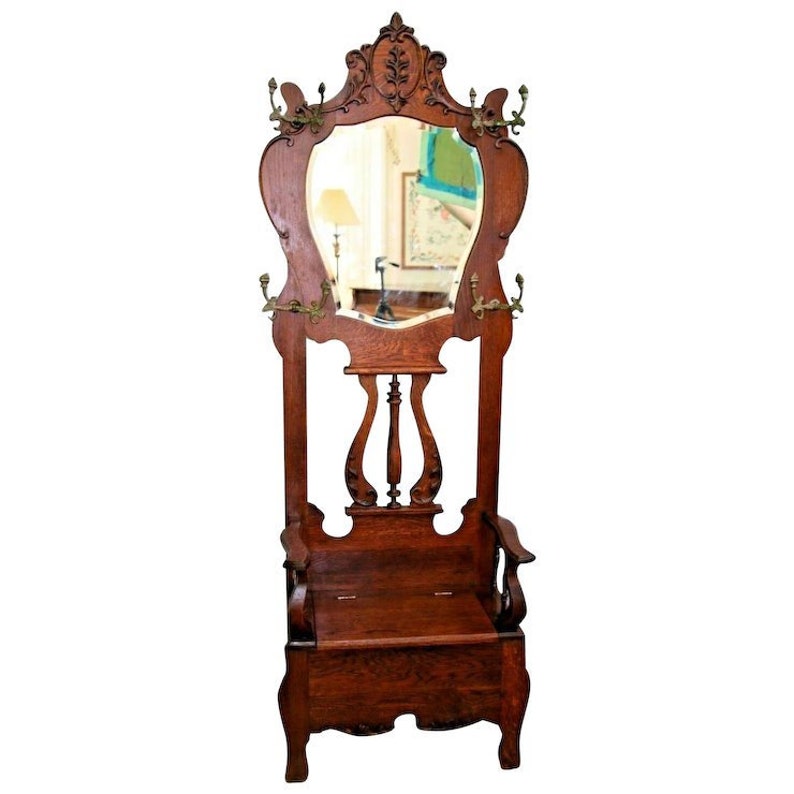 Vintage Hall Tree Throne Style Tiger Oak Beveled Mirror Seat Etsy