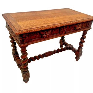 Antique Victorian Gothic Sofa Table Console Barley Twist Legs Two Drawers image 1