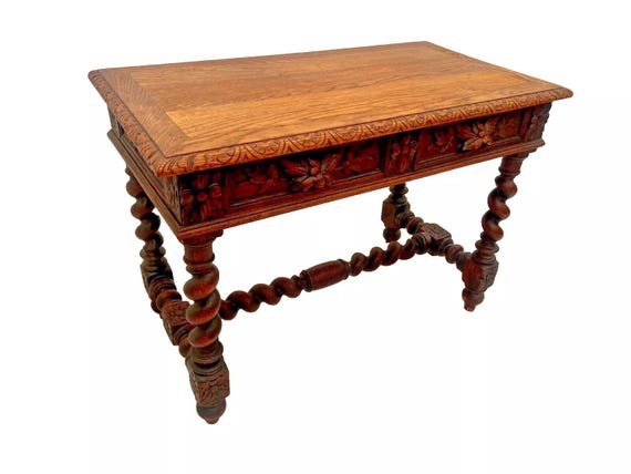 Antique Victorian Gothic Sofa Table Console Barley Twist Legs Two Drawers