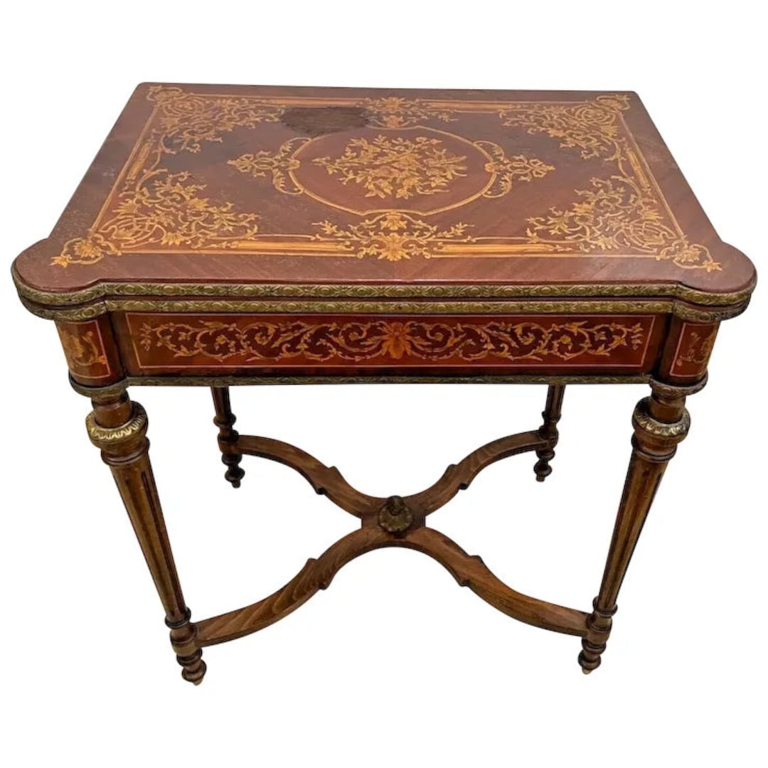 Antique French Game Table Flip Twist Top, Inlays Brass Trim Embossed