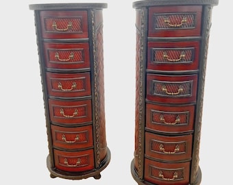 Vintage Pair Round Nightstands Chest of drawers carved Six felt lined drawers