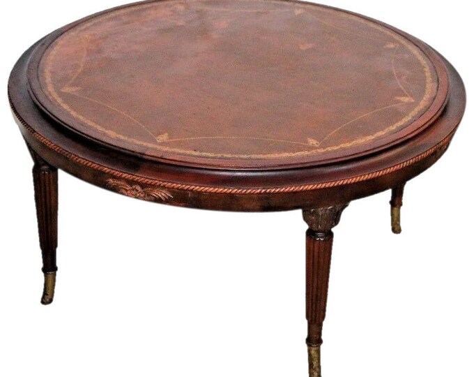 Antique French Round Coffee Table Mahogany Embossed Leather Large Lip