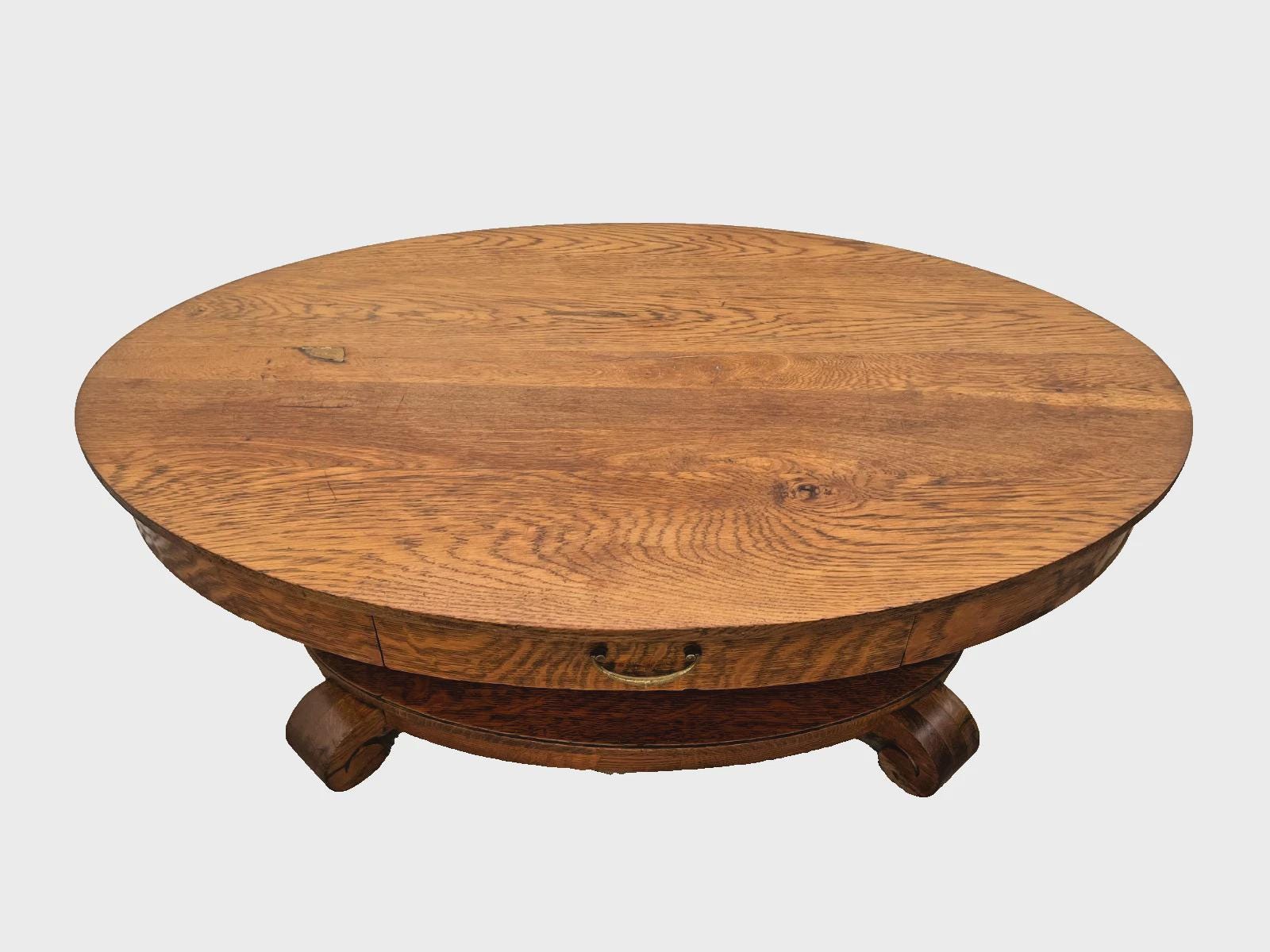 Antique Oval Coffee Table Tiger Oak Center Drawer Shelf Columns