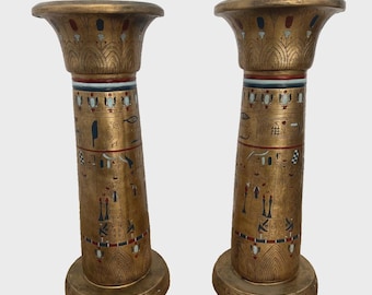 Vintage Egyptian Column Plant Stands Pedestals Carved Stone look Resin Set of 2