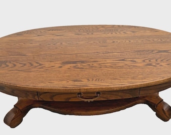 Vintage Oval Coffee Table Tiger Oak, Center Drawer, Shelf, Columns