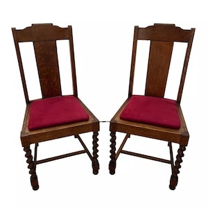 Antique Side Chairs set of Two Barley Twist Legs, Tiger Oak Back, Red Felt seat