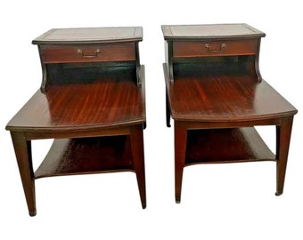 Mid Century Barton Nightstands Pair Step Tables Drawer bottom Shelf Casters