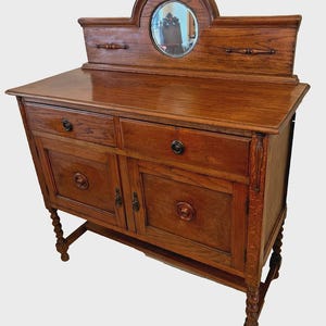Antique Barley Twist Oak Server Cabinet Sideboard Buffet Console, Beveled Mirror