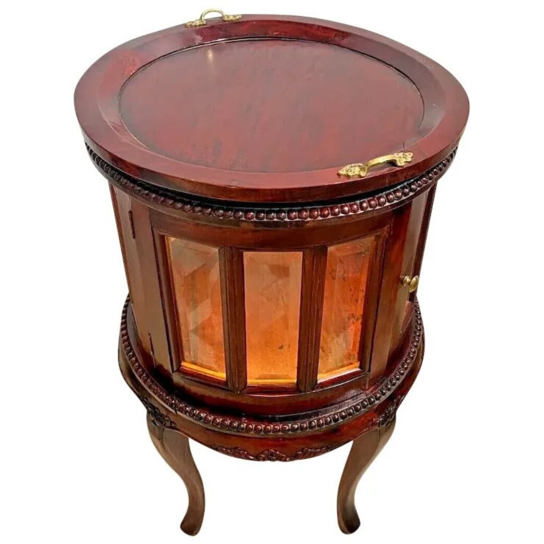 Round China Curio Display Lighted Beveled Glass Two Doors Brass