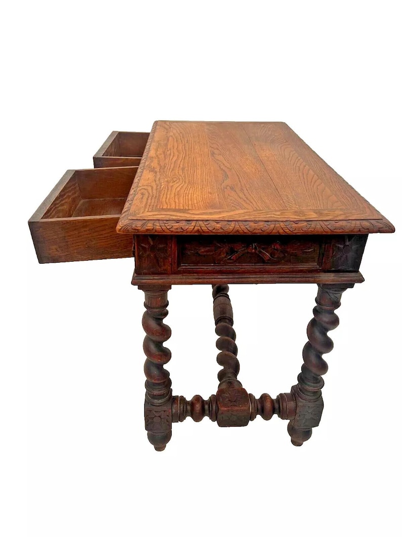 Antique Victorian Gothic Sofa Table Console Barley Twist Legs Two Drawers image 4