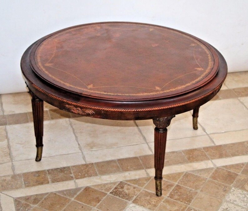 Antique French Round Coffee Table Mahogany Embossed Leather Etsy