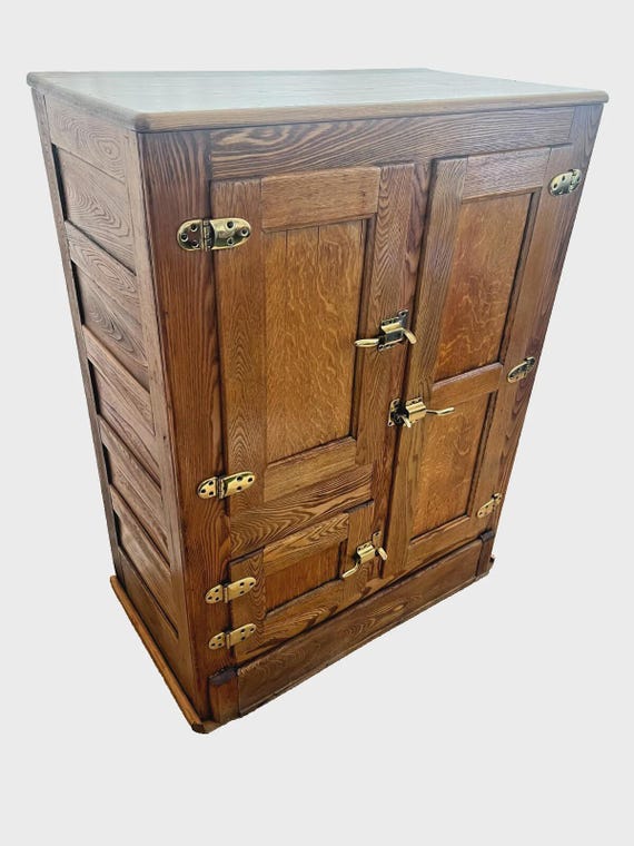 Antique Ice Box Three Storage Cabinets Oak Brass Four Racks 1920's