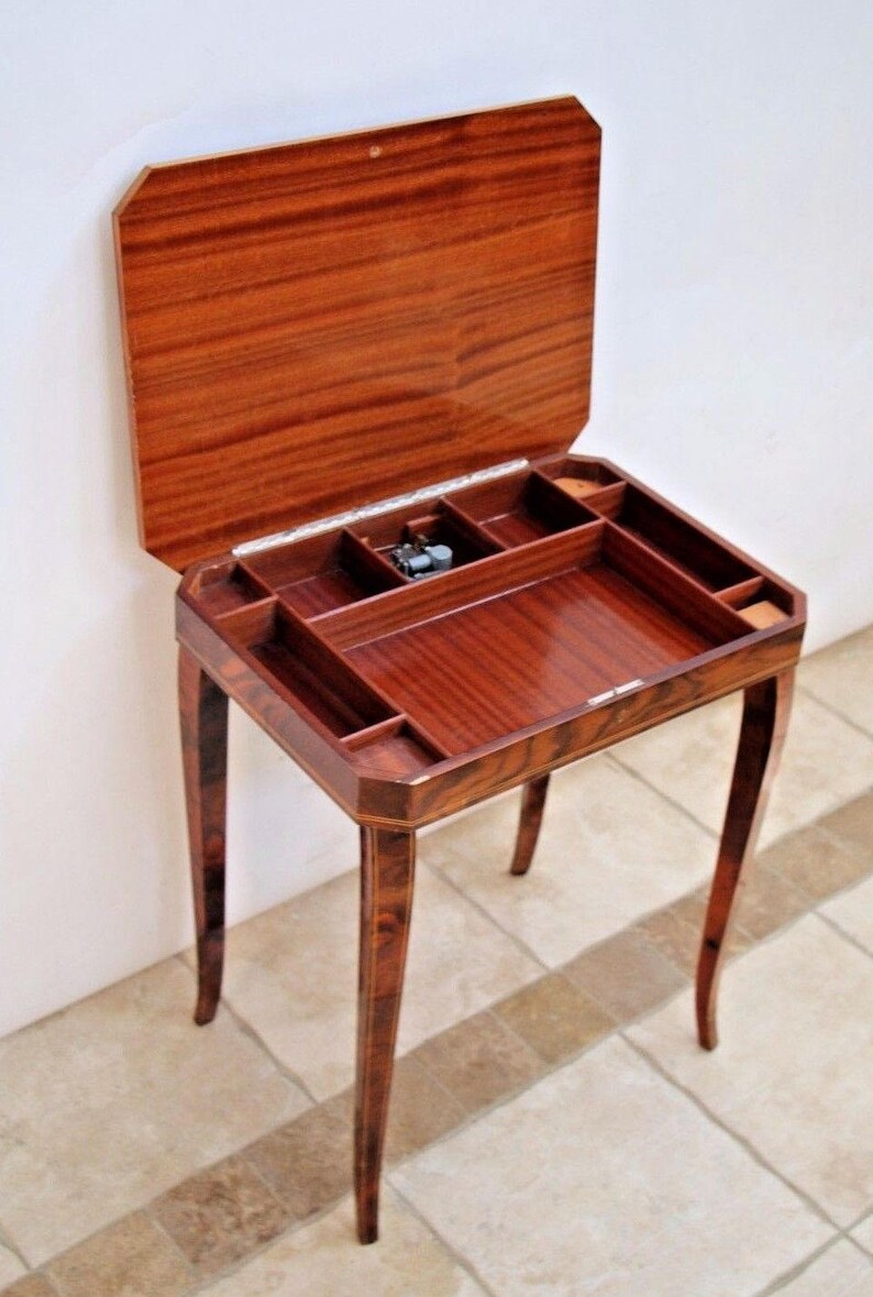 Antique English Flip Top Sewing Side Table Stand With Box Burlwood Inlays Safe Natiowide Available Please Call For E