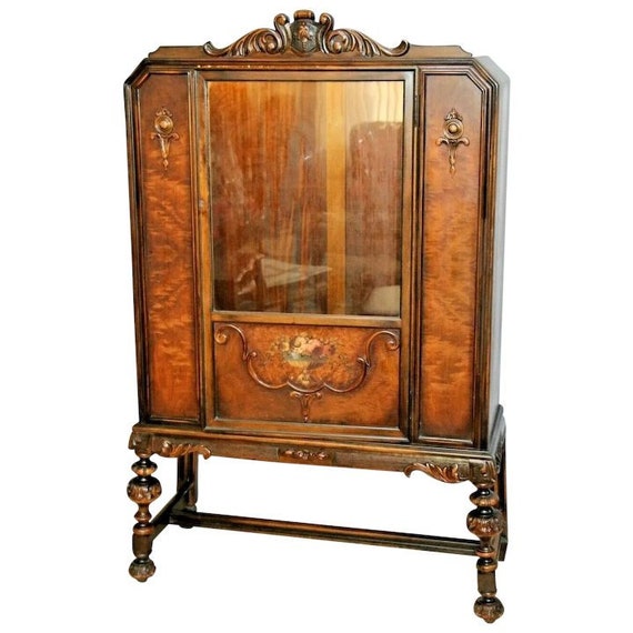 Vintage Berkey And Gay China Cabinet Hand Painted Italian Carved Lighted Locking Door