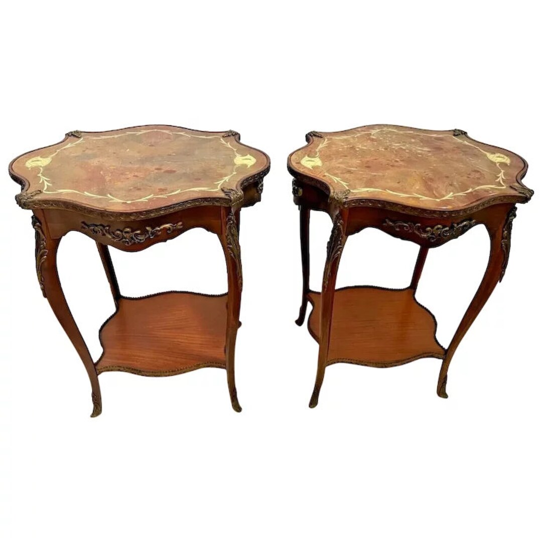 Vintage French Nightstands Lamp Tables Set With Bottom Shelf Painted