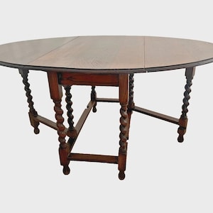 Antique Oval Barley Twist Gate Leg Kitchen Table Drop side Leaf Tiger Oak large