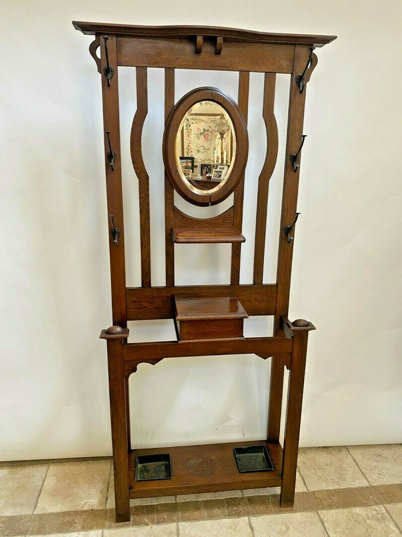 Arts and Crafts Hall Tree Beveled Mirror Oak Glove Box Etsy