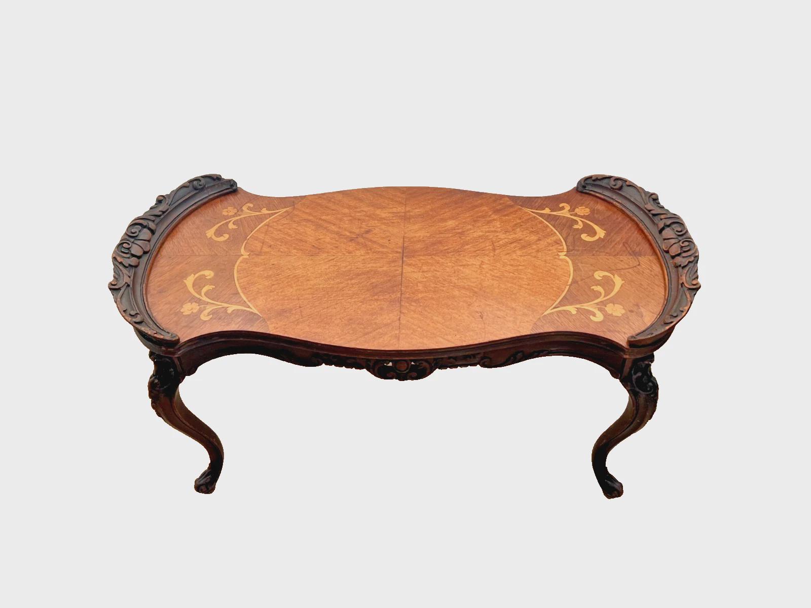 Vintage French Coffee Table Oval Shaped Carved hand cut inlays Light Walnut