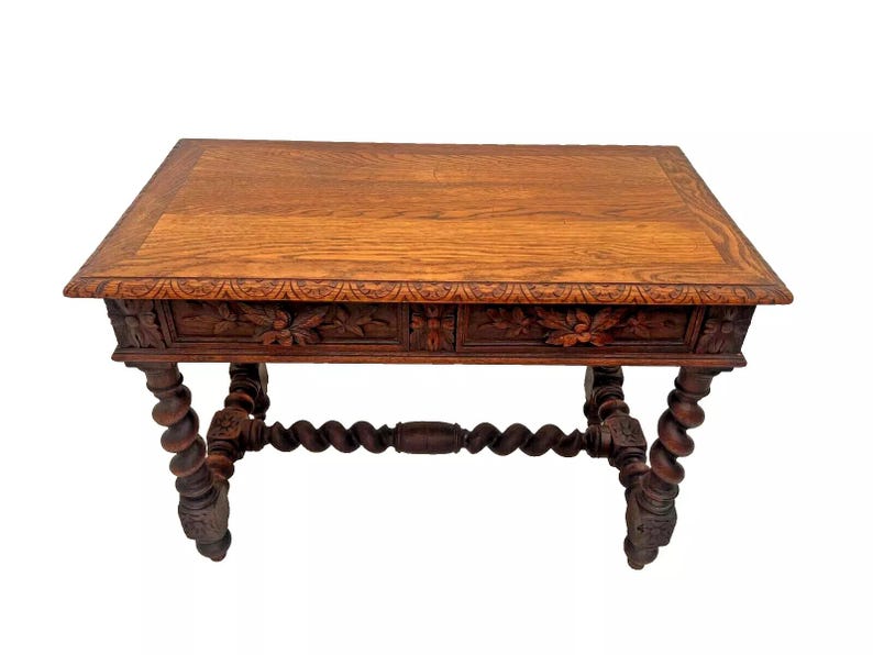 Antique Victorian Gothic Sofa Table Console Barley Twist Legs Two Drawers image 2