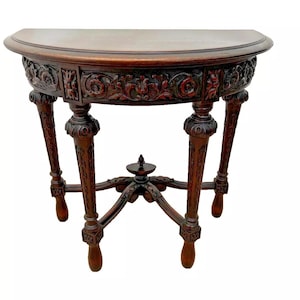 Victorian Demilune Console Table Hand Carved Legs, Skirt, Petite size, Mahogany