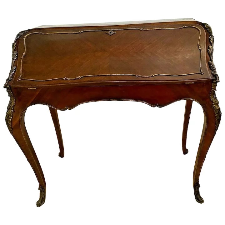 Antique French Bureau Desk 19th Century Extensive Ormolu inlays Original Patina