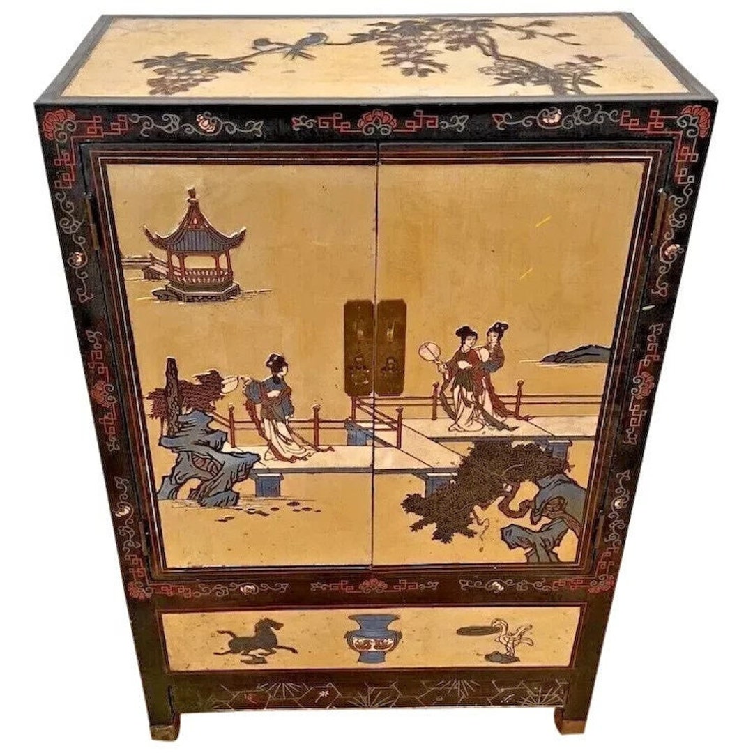 Mid Century Chinese Console Double Doors Interior Shelf Nature