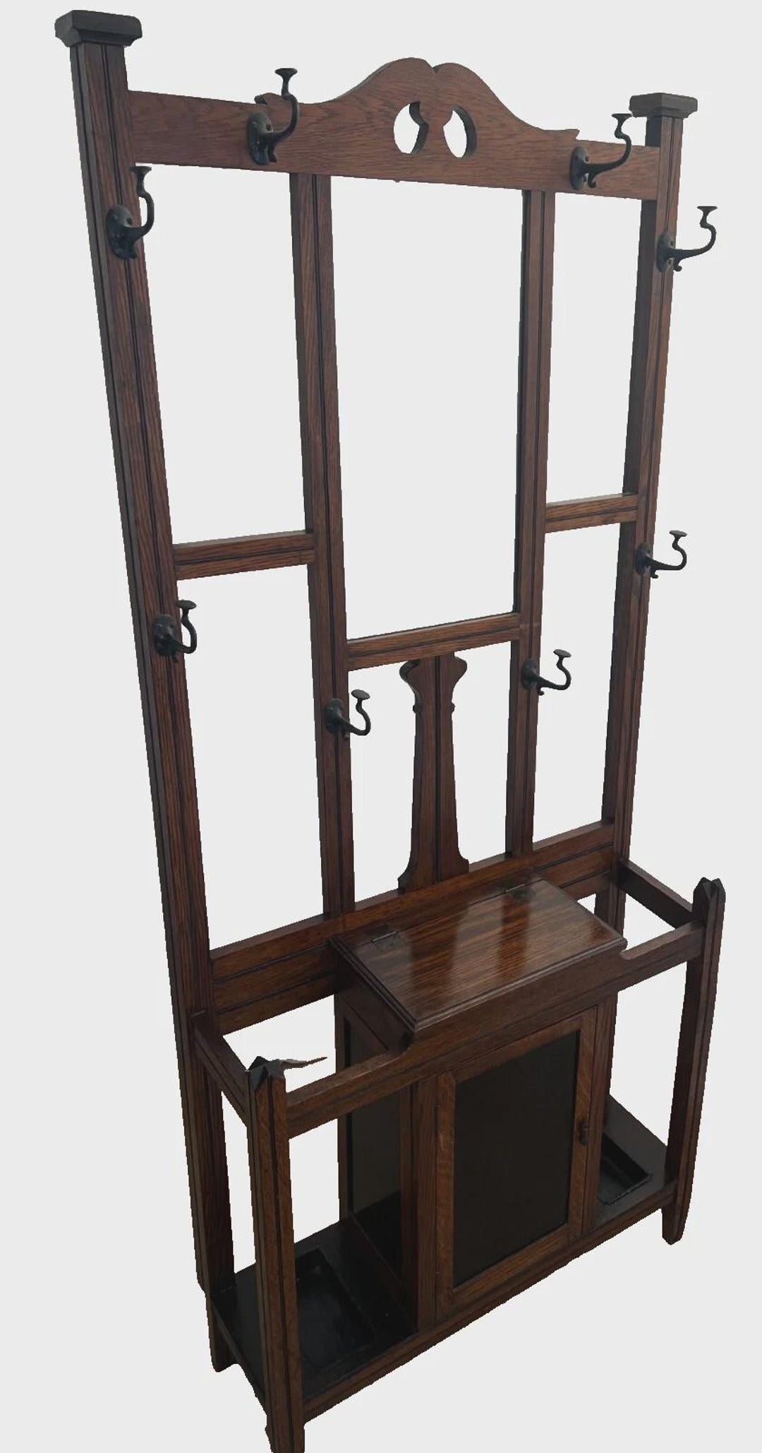 Antique Arts and Crafts Hall Tree Glove Box, Cabinet, Umbrella