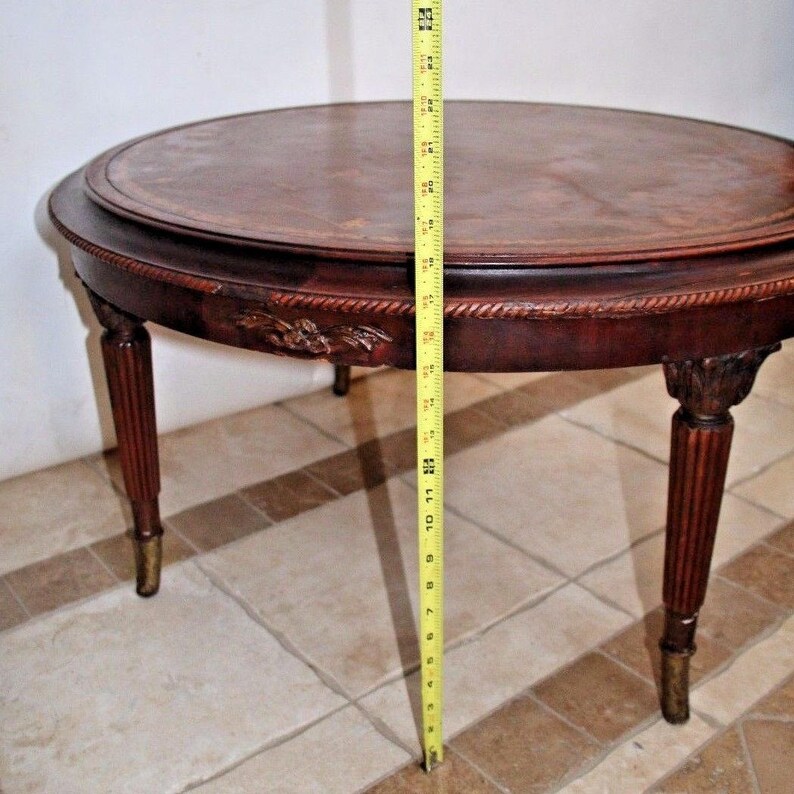 Antique French Round Coffee Table Mahogany Embossed Leather Etsy