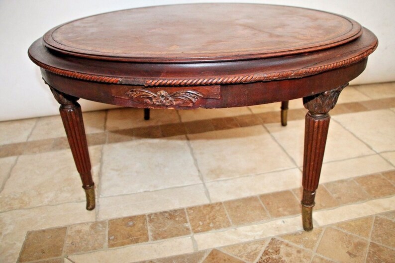 Antique French Round Coffee Table Mahogany Embossed Leather Etsy