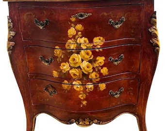 Vintage Italian Dresser Chest three drawers Hand Painted Roses Carvings Locking top drawer
