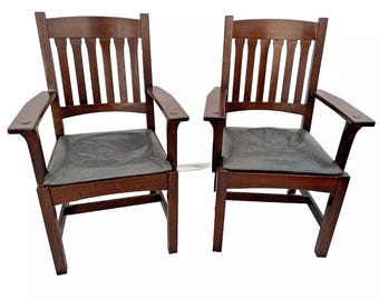 Vintage Pair Stickley Mission Arts & Crafts Oak Arm chairs Leather Seats